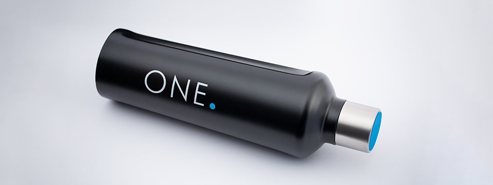 black mySteelOne drinking bottle with white pad printing