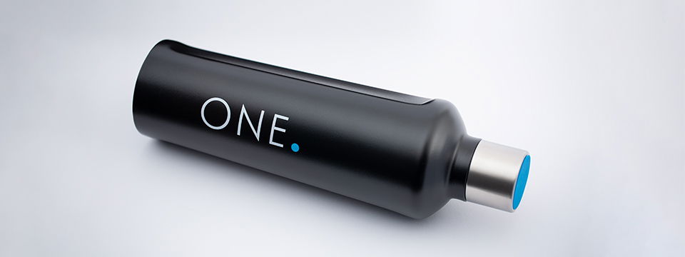 black mySteelOne drinking bottle with white pad printing