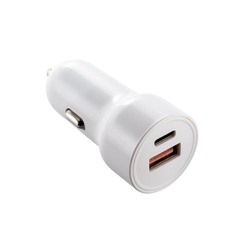 White 12 Volt Car Charger with USB C and USB Connector