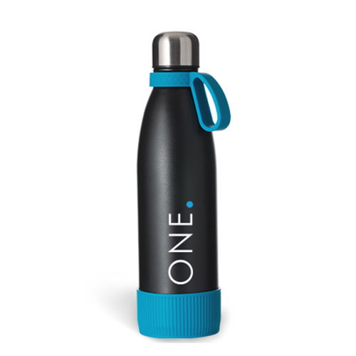 komplette myNizza Thermoflasche mit Ring, Sleeve und Druck bedruckte myNizza Thermoflasche in Schwarz mit cyan Sleeve und Ring