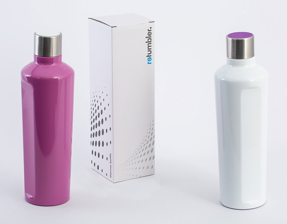 Auf Wunsch ist RETUMBLER-mySteelOne auch als Sonderanfertigung bestellbar mySteelOne trinkflasche in lila und weiß lackiert mit Verpackung