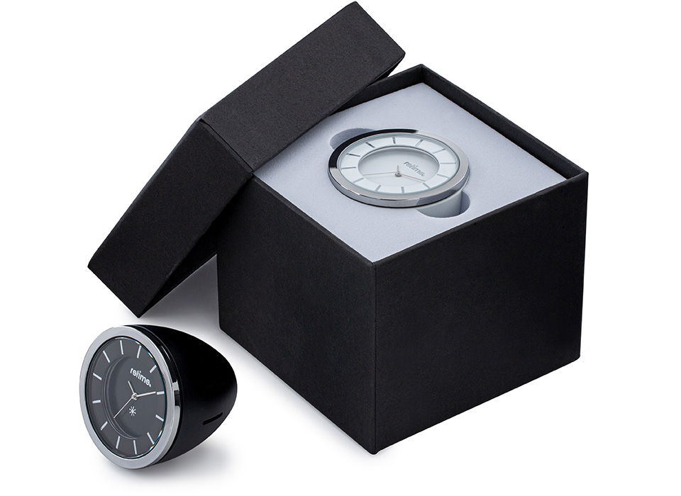 Hochwertige Verpackung für die Werbeuhren-Serie RETIME-Rock Hochwertige schwarze Verpackung mit Innnenschaum für die Uhren- und Thermometer Serie RETIME Rock