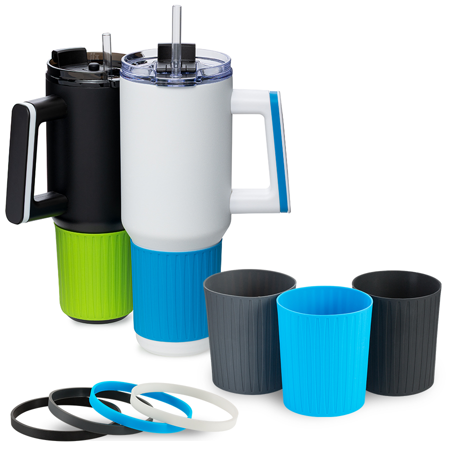 Accessoires zu XXL Thermobecher mit Henkel myKings Canynon zwei XXL Thermobecher mit Henkel und farblichen verschiedenen Accessoires aus Silikon