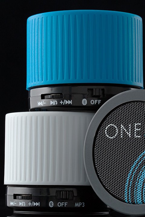 myFernley stacked speakers - cyan, grey and white