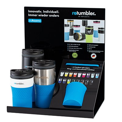 Display with RETUMBLER-myBayamo thermo mugs in various designs