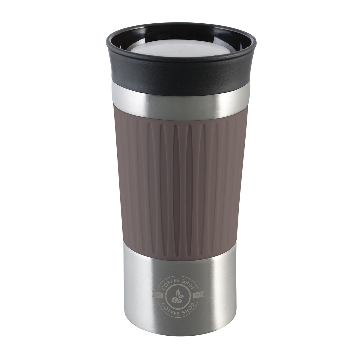 Thermo mug RETUMBLER-myKINGSTON "Coffee Shop" silver / brown branded sample Thermo mug RETUMBLER-myKINGSTON "Coffee Shop" silver / brown branded sample