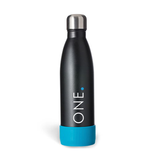 myNizza Thermoflasche in schwarz mit cyan Sleeve myNizza Thermoflasche in schwarz mit cyan Bodenmanschette und Druck