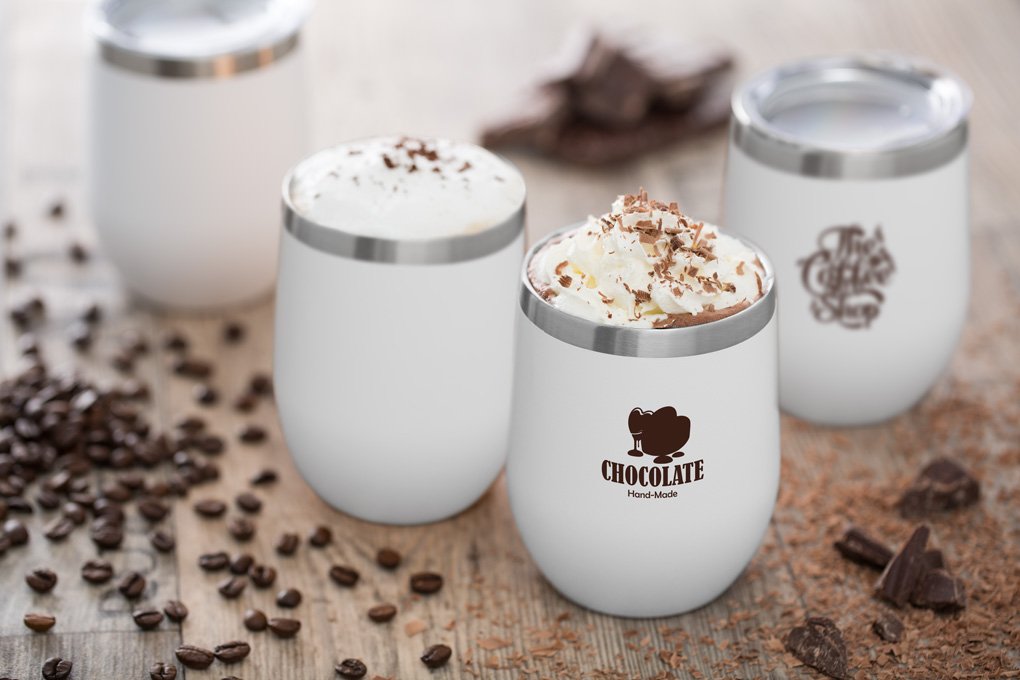 white stainless steel mug with promotional print with hot chocolate
