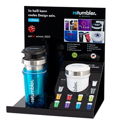 Display with RETUMBLER-myVivero thermo mugs