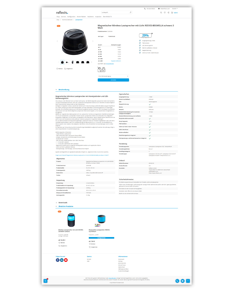 Screenshot Produktdetailseite Reflects Screenshot Produktdetailseite der Reflects Webseite