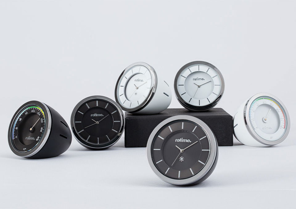 Tischuhr- und Thermometer-Serie RETIME-Rock als Werbeartikel Alle Produktvarianten der RETIME Rock Tischuhren und Thermometer in Schwarz und Weiß