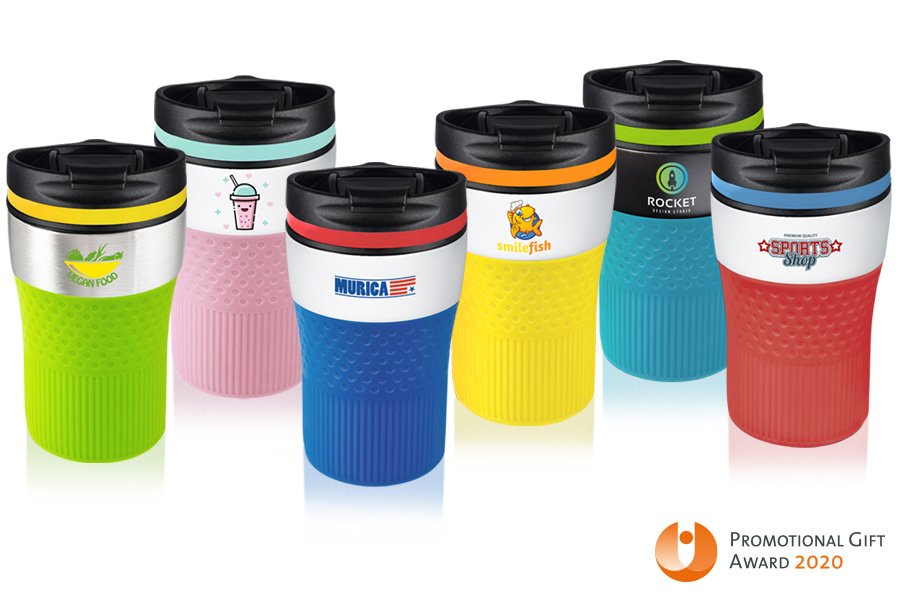 6 coloured Bayamo thermo mugs with print