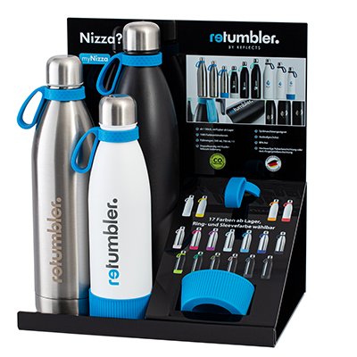 Display with RETUMBLER-myNizza thermos bottles including ring and sleeve