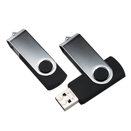 black USB stick with hinged protective cap in silver