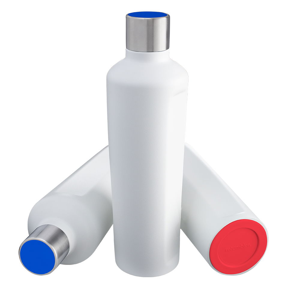 Konfigurierbare Thermotrinkflasche RETUMBLER-mySteelOne - weiß, rot, blau Beispiel Konfiguration der Thermotrinkflasche mySteelOne - weiße Flasche, roter Boden, blauer Deckelakzent