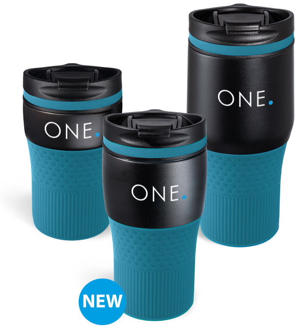 All large myBayamo mugs three black bayamo cups with sleeve and cyan ring