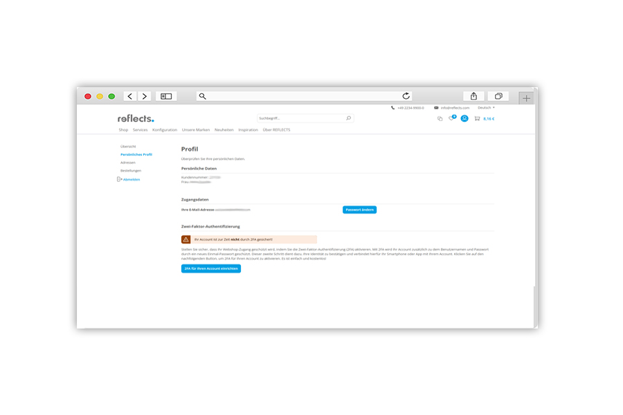 Screenshot Admin Profil Screenshot Profil als eingeloggter Kunde im Reflects Webshop