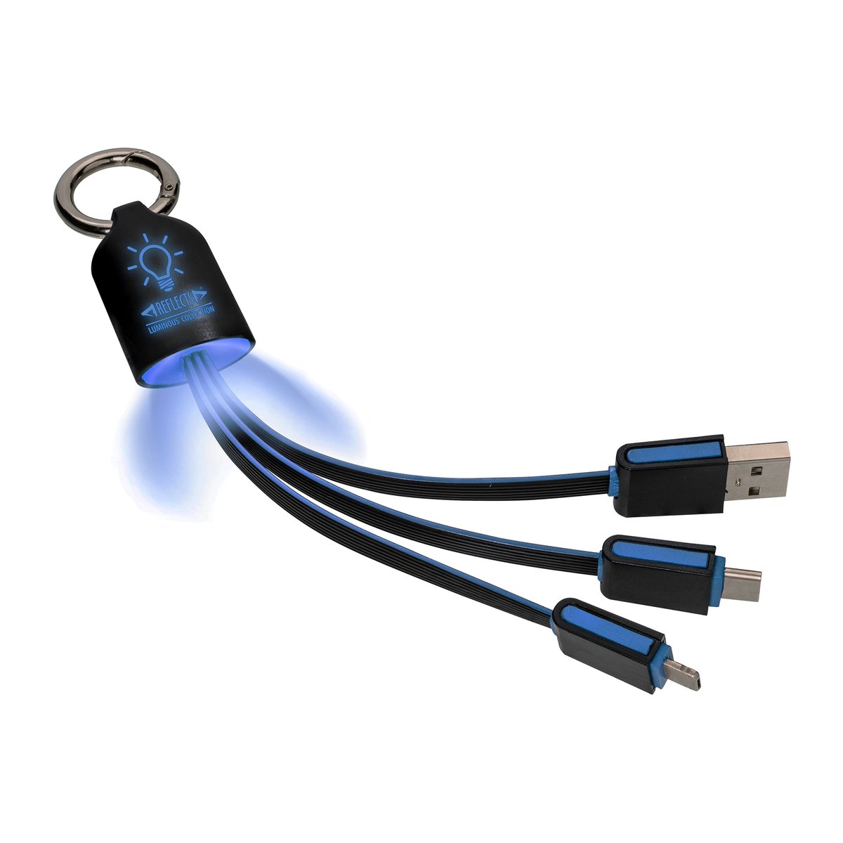 Cable de charge avec connexion 3 en 1 REFLECTS-ABILENE incl. Laser engraving noir/bleu échantillon marqué