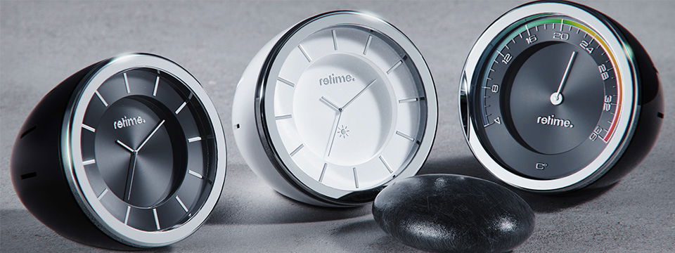RETIME-Rock Tischuhren und Thermometer als hochwertige Werbeartikel RETIME Rock - eiförmige Tischuhren und Thermometer als Werbeartikel in Schwarz und Weiß